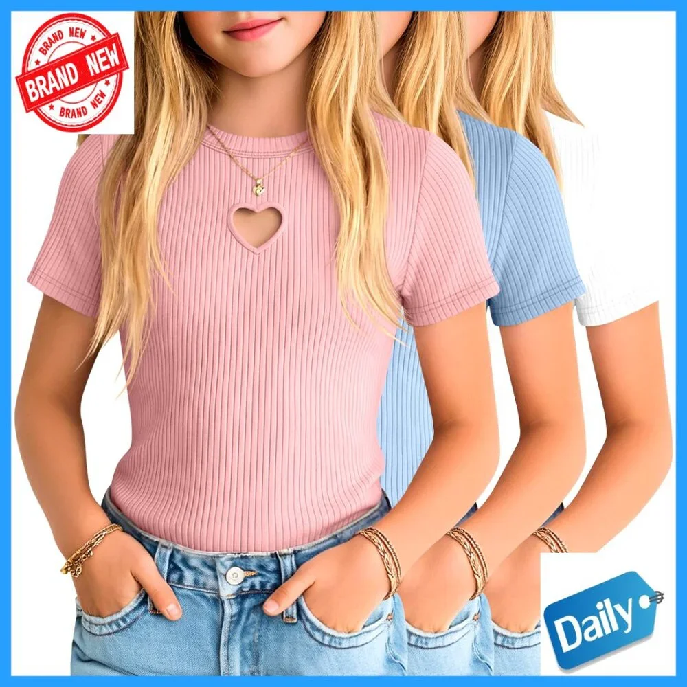 Girls' 3 Pack Cotton Ribbed Tees Slim Fit Heart Cutout Tops 5-14 Years